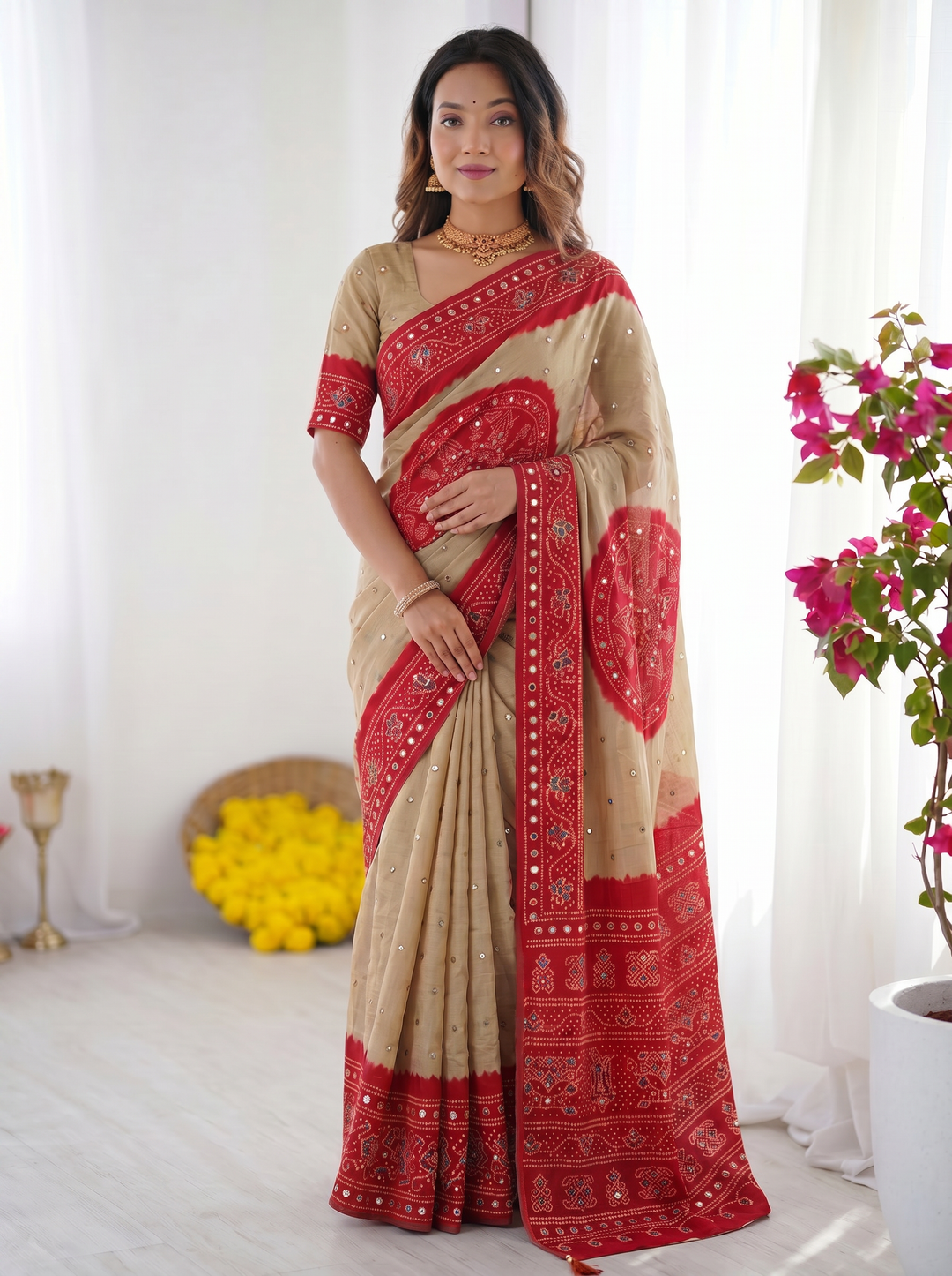 Beige &amp; Crimson Red Bandhani Inspired Modal Silk Saree with Traditional Folk Print Pallu &amp; Stone Embellishments