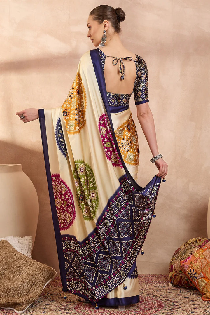 Cream Modal Silk Saree with Multicolor Patola-Inspired Print &amp; Royal Purple Border | Designer Festive Wear Saree