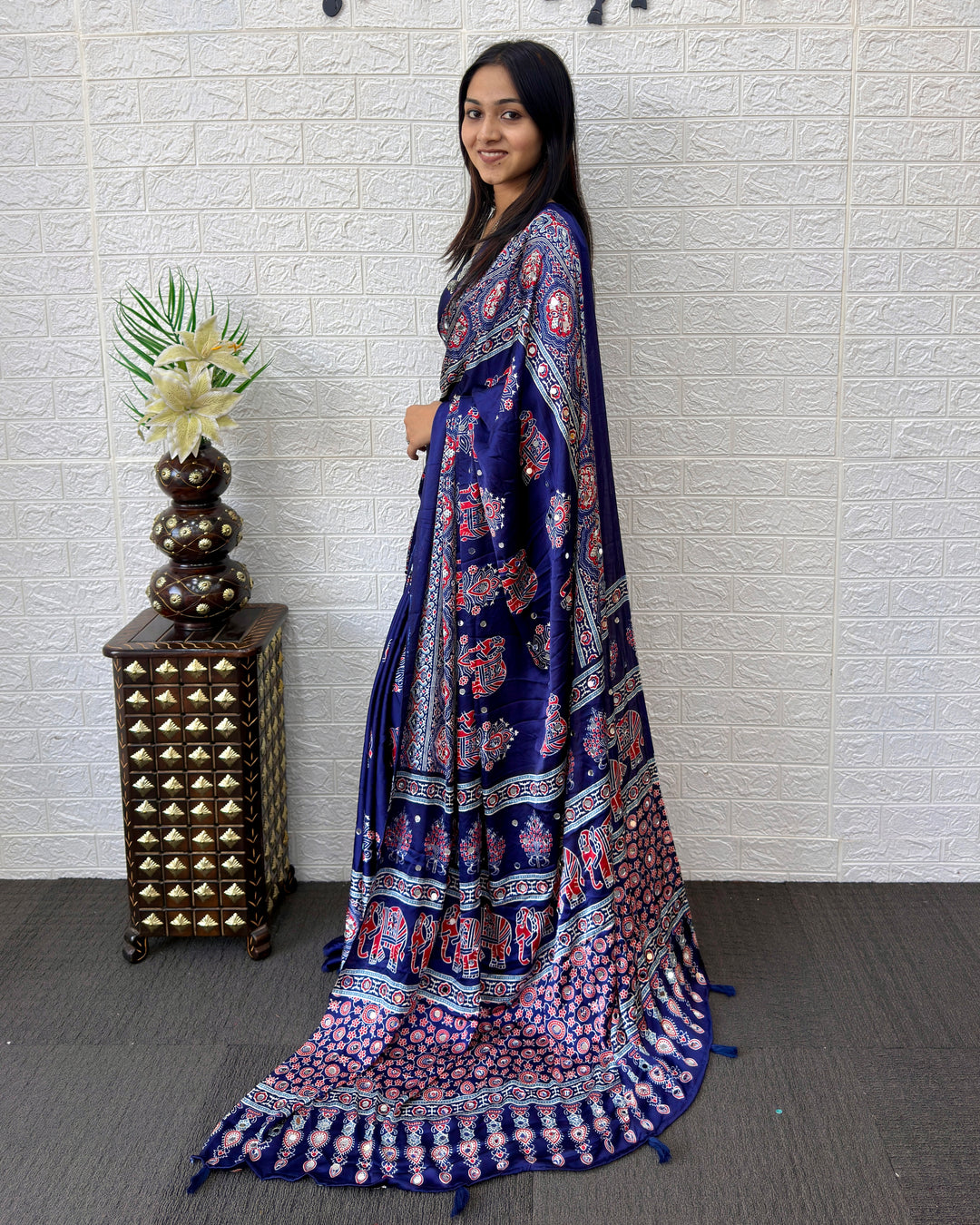 Royal Blue Modal Silk Saree with Elephant Motif Heritage Print &amp; Designer Pallu | Traditional Festive Wear Saree