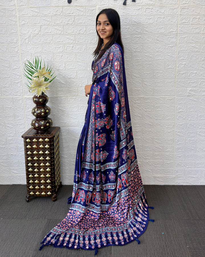 Royal Blue Modal Silk Saree with Elephant Motif Heritage Print &amp; Designer Pallu | Traditional Festive Wear Saree
