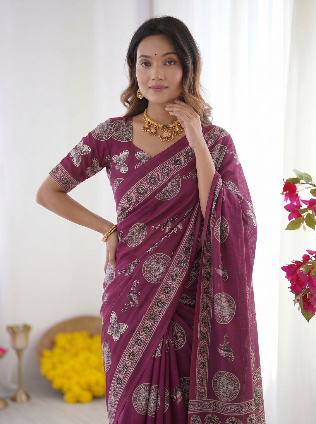 Wine Purple Modal Silk Saree with Traditional Circular Motif Print &amp; Heritage Designer Pallu | Festive &amp; Ethnic Wear Saree