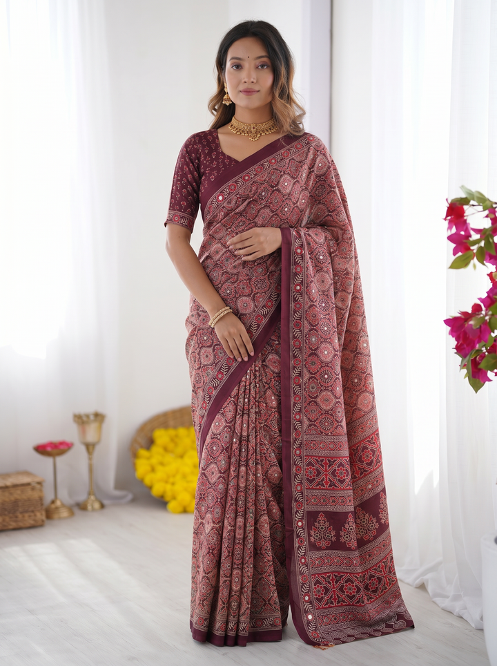 Dusty Mauve Modal Silk Saree with Intricate Heritage Geometric Prints, Traditional Designer Border &amp; Rich Artistic Pallu