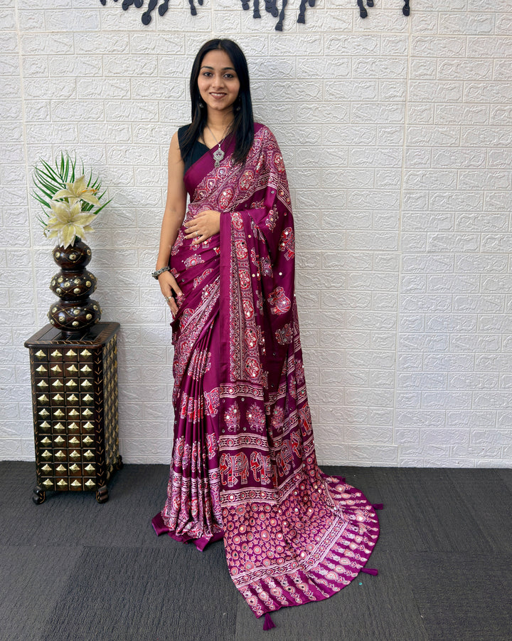 Plum Purple Modal Silk Saree with Elephant Motif Print &amp; Heritage Designer Pallu | Traditional Festive Wear Saree
