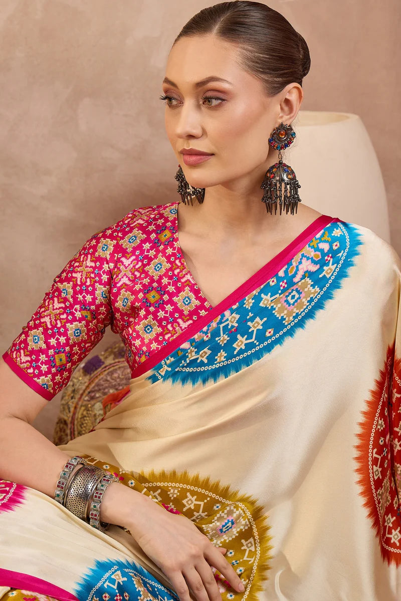 Cream Modal Silk Saree with Multicolor Patola-Inspired Print &amp; Rani Pink Border | Designer Festive Wear Saree