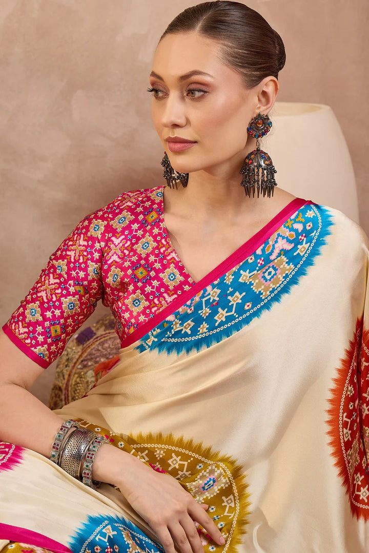 Cream Modal Silk Saree with Multicolor Patola-Inspired Print &amp; Rani Pink Border | Designer Festive Wear Saree