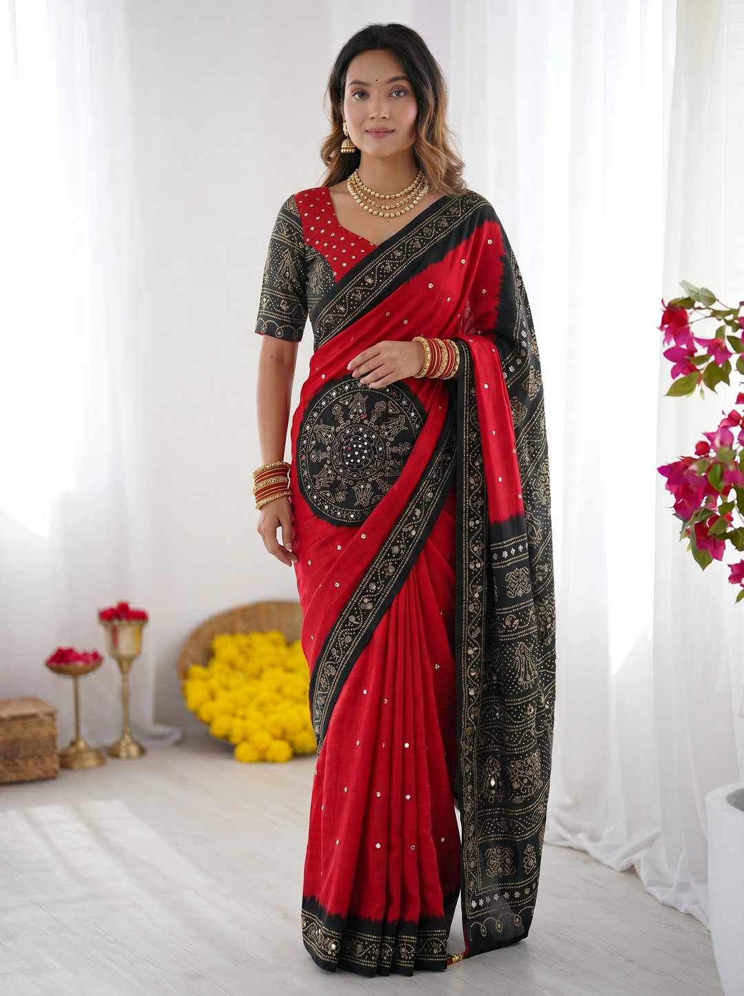 Crimson Red &amp; Black Modal Silk Saree with Traditional Bandhani Inspired Motifs, Stone Work &amp; Heritage Folk Art Pallu
