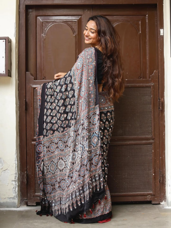 Black Ajrakh Printed Modal Silk Saree with Tassels &amp; Attached Blouse | Traditional Ethnic &amp; Festive Wear Saree