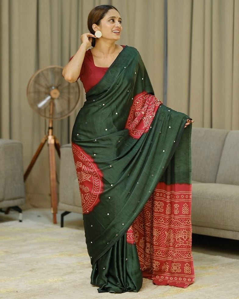 Women’s Forest Green Pure Modal Silk Saree with Rustic Red Folk Art Print &amp; Traditional Designer Pallu