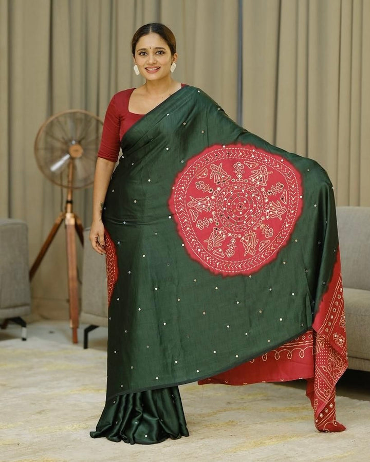 Women’s Forest Green Pure Modal Silk Saree with Rustic Red Folk Art Print &amp; Traditional Designer Pallu
