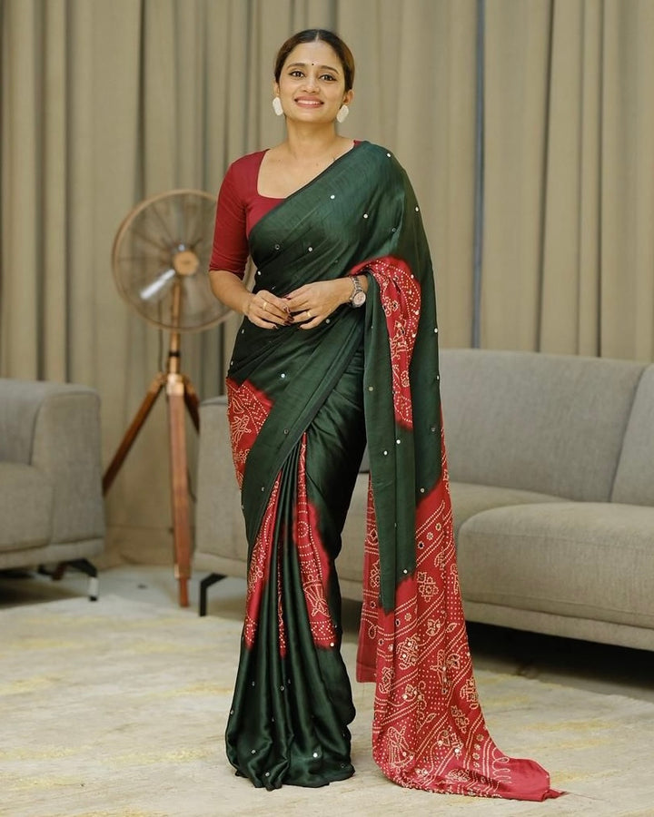 Women’s Forest Green Pure Modal Silk Saree with Rustic Red Folk Art Print &amp; Traditional Designer Pallu