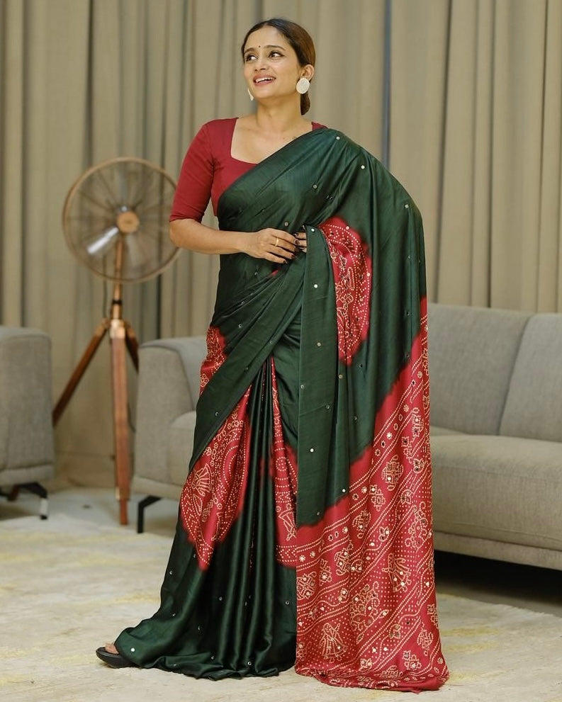 Women’s Forest Green Pure Modal Silk Saree with Rustic Red Folk Art Print &amp; Traditional Designer Pallu