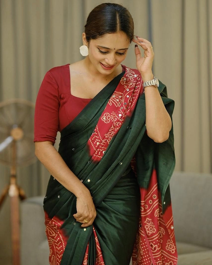 Women’s Forest Green Pure Modal Silk Saree with Rustic Red Folk Art Print &amp; Traditional Designer Pallu