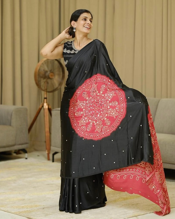 Women’s Elegant Black &amp; Crimson Red Pure Modal Silk Saree with Traditional Folk Mandala Print &amp; Designer Pallu