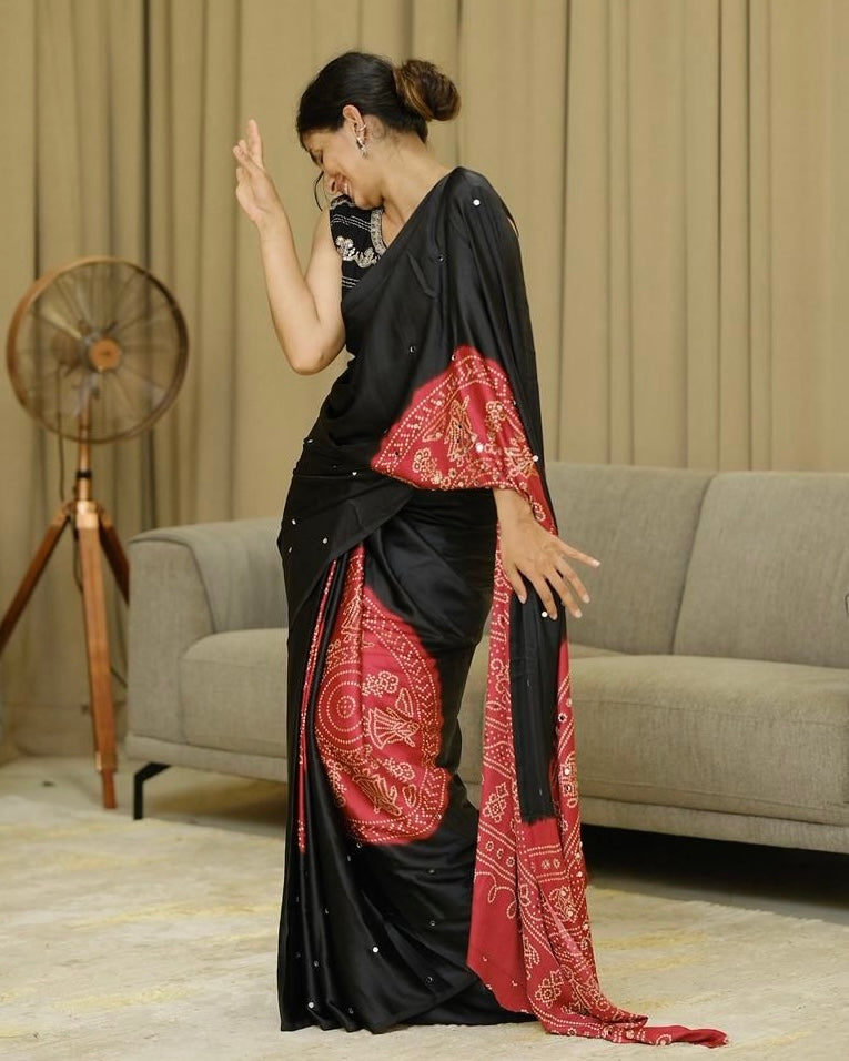 Women’s Elegant Black &amp; Crimson Red Pure Modal Silk Saree with Traditional Folk Mandala Print &amp; Designer Pallu