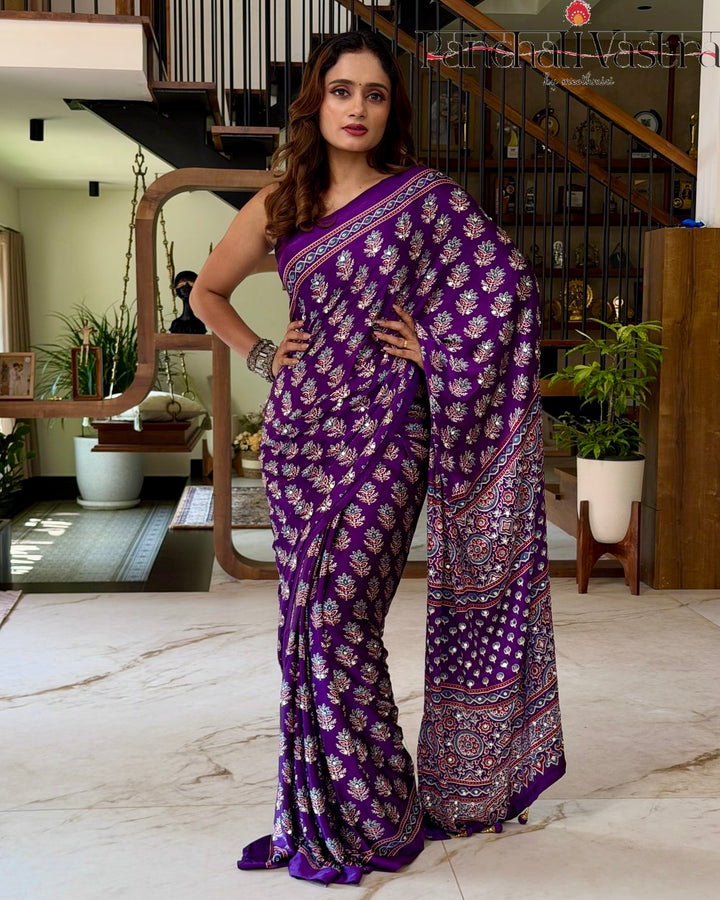 Royal Purple Pure Modal Silk Saree with Ajrakh Inspired Floral Print &amp; Heritage Designer Pallu