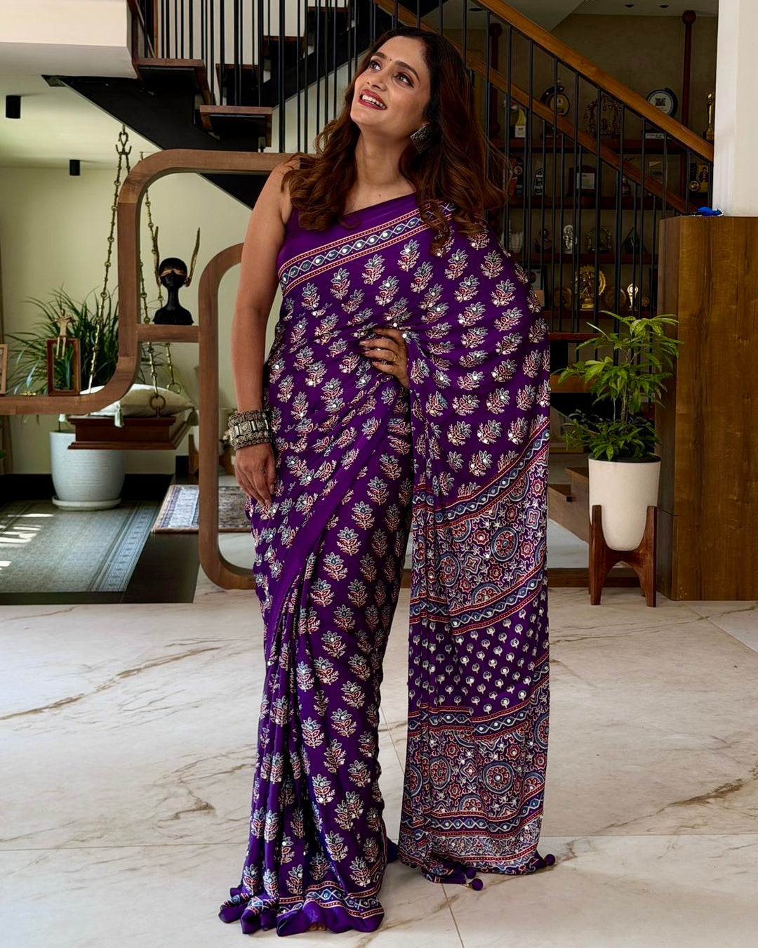 Royal Purple Pure Modal Silk Saree with Ajrakh Inspired Floral Print &amp; Heritage Designer Pallu