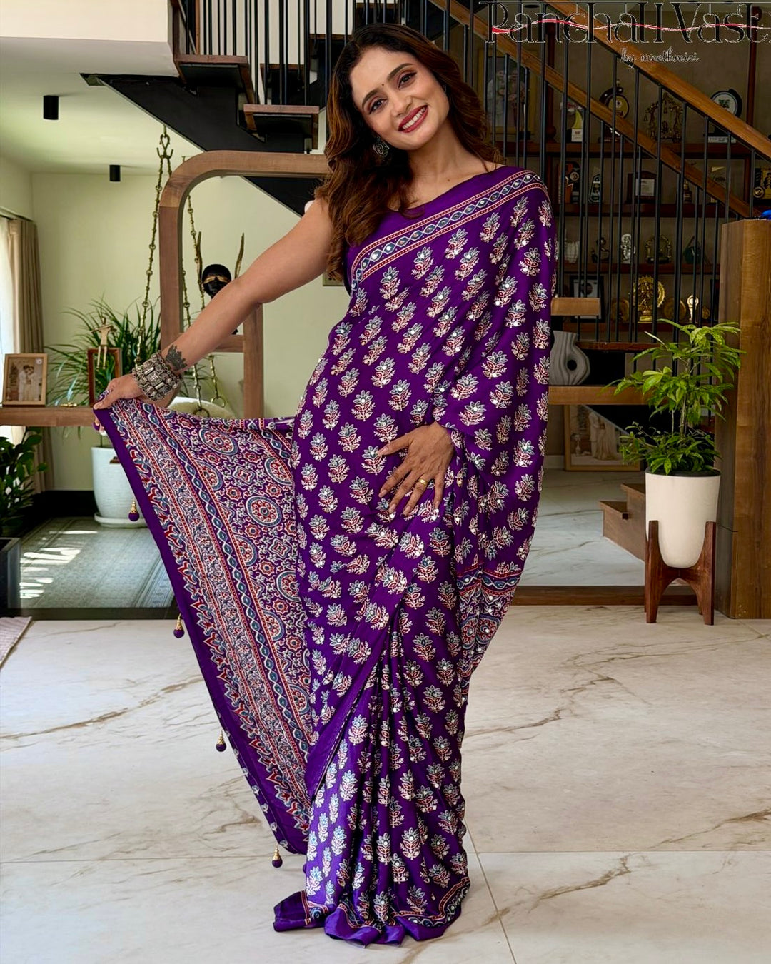 Royal Purple Pure Modal Silk Saree with Ajrakh Inspired Floral Print &amp; Heritage Designer Pallu