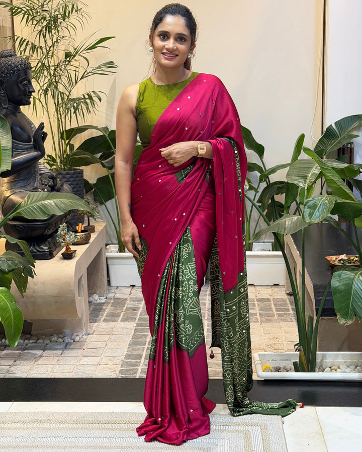 Women’s Rani Pink Pure Modal Silk Saree with Olive Green Folk Art Print &amp; Traditional Tribal Designer Pallu