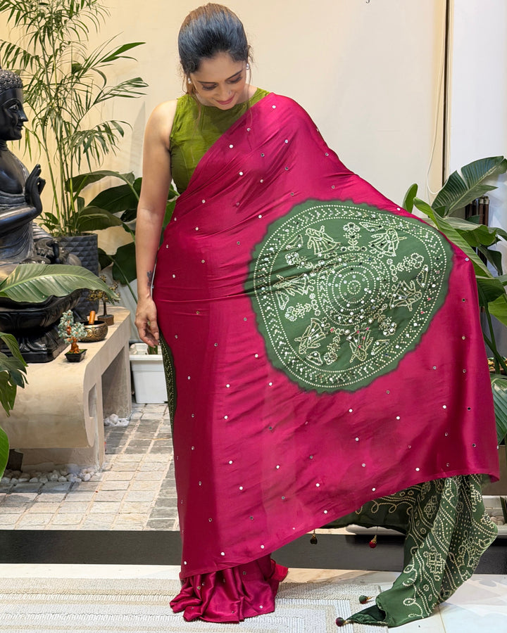 Women’s Rani Pink Pure Modal Silk Saree with Olive Green Folk Art Print &amp; Traditional Tribal Designer Pallu