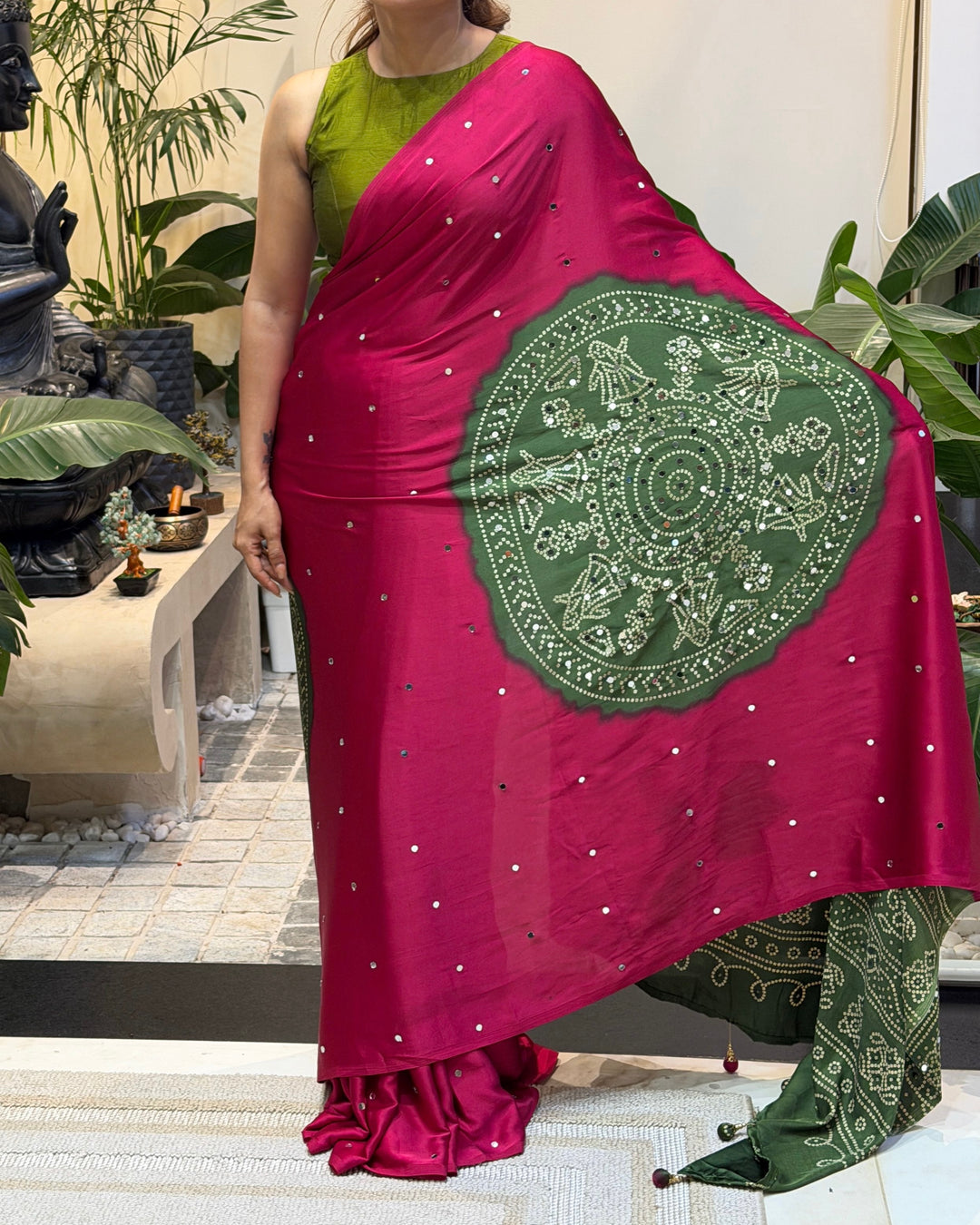 Women’s Rani Pink Pure Modal Silk Saree with Olive Green Folk Art Print &amp; Traditional Tribal Designer Pallu