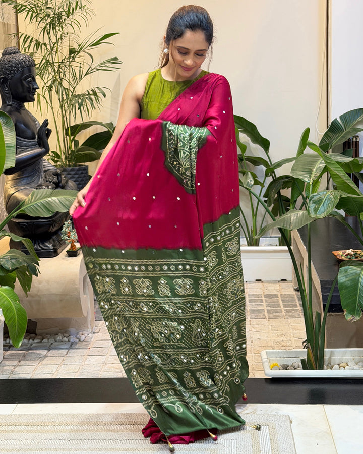 Women’s Rani Pink Pure Modal Silk Saree with Olive Green Folk Art Print &amp; Traditional Tribal Designer Pallu