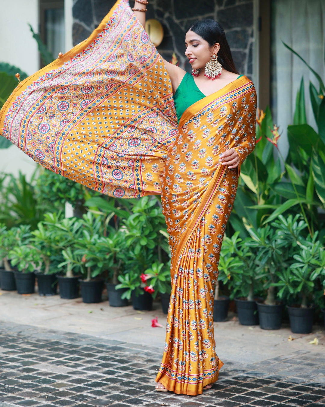 Mustard Gold Pure Modal Silk Saree with Ajrakh Inspired Floral Print &amp; Heritage Designer Pallu