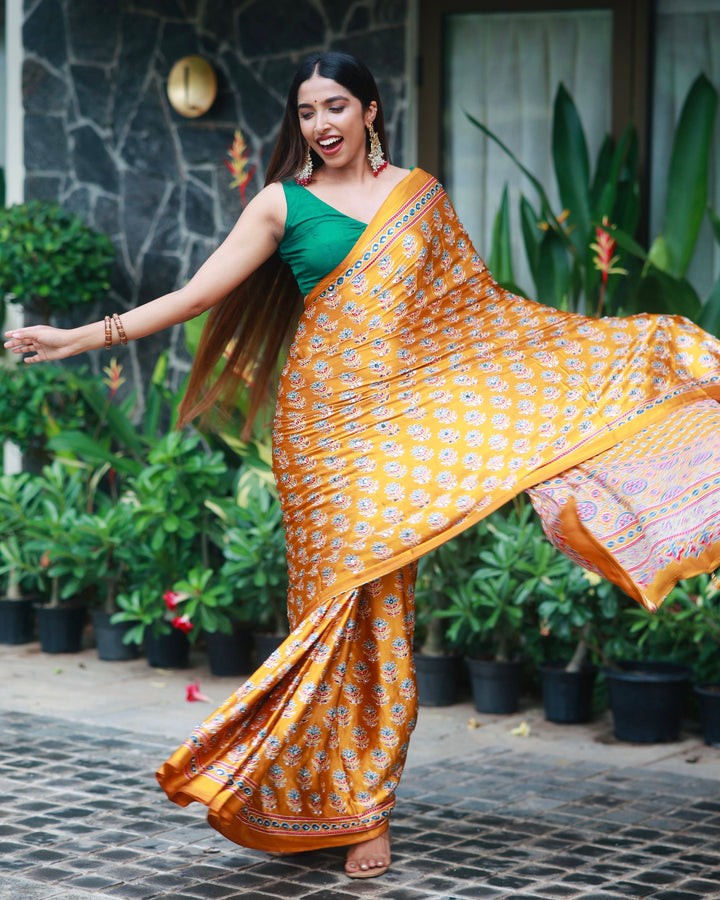 Mustard Gold Pure Modal Silk Saree with Ajrakh Inspired Floral Print &amp; Heritage Designer Pallu