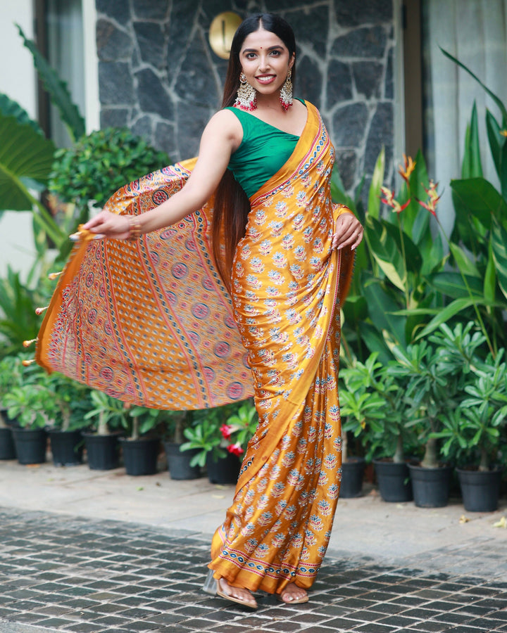 Mustard Gold Pure Modal Silk Saree with Ajrakh Inspired Floral Print &amp; Heritage Designer Pallu
