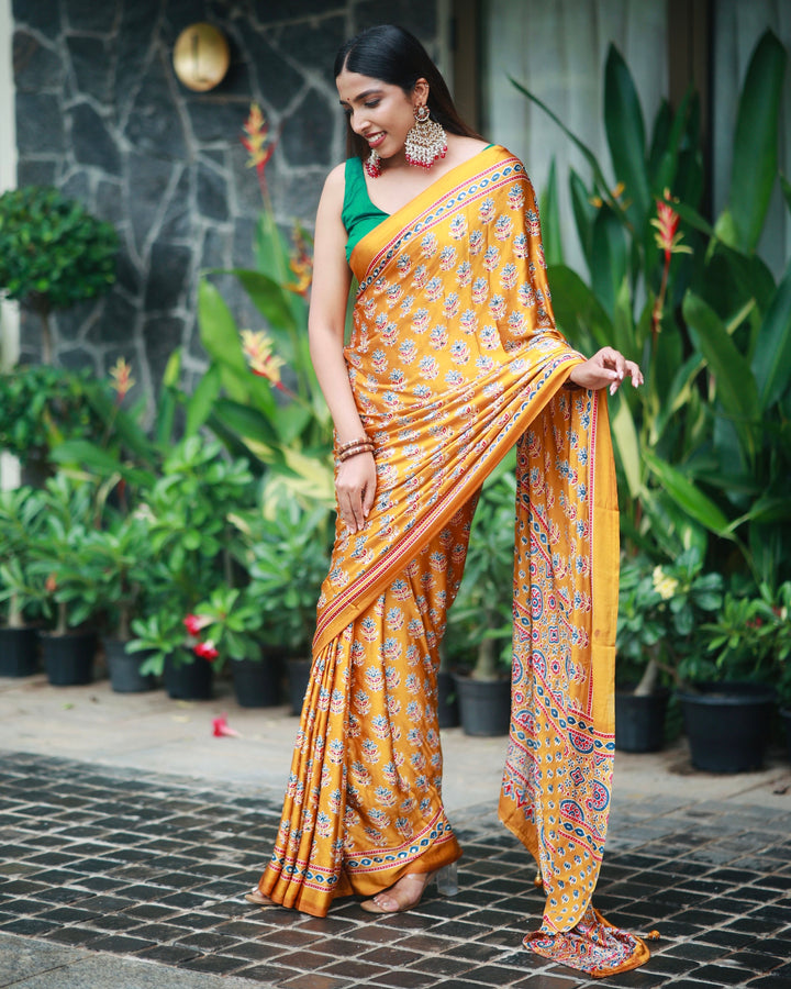 Mustard Gold Pure Modal Silk Saree with Ajrakh Inspired Floral Print &amp; Heritage Designer Pallu