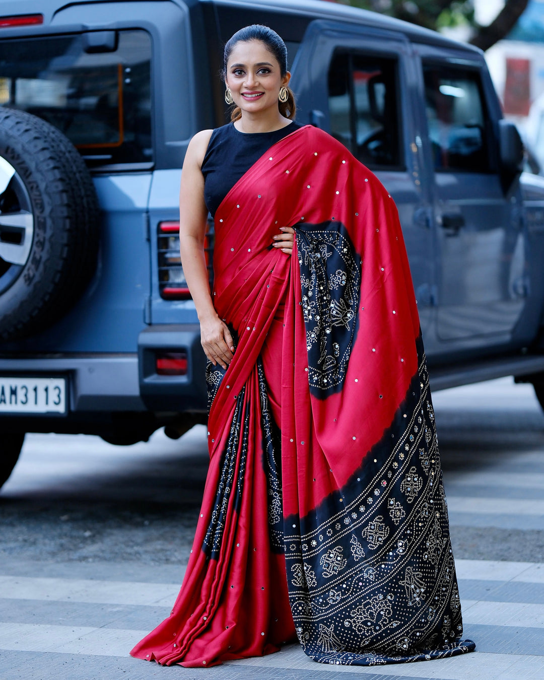 Women’s Ruby Red Pure Modal Silk Saree with Black Folk Art Border &amp; Traditional Tribal Print Designer Pallu