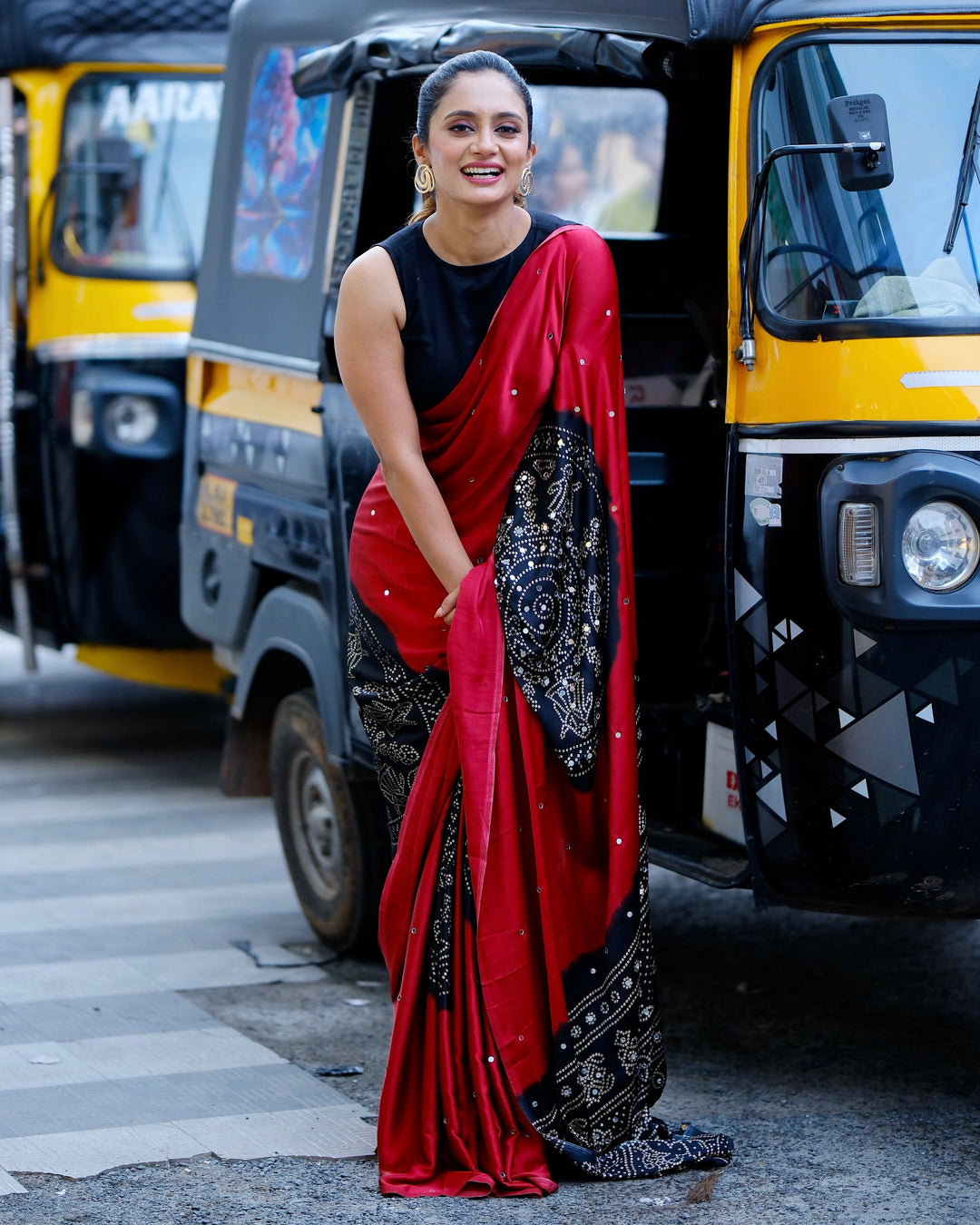 Women’s Ruby Red Pure Modal Silk Saree with Black Folk Art Border &amp; Traditional Tribal Print Designer Pallu