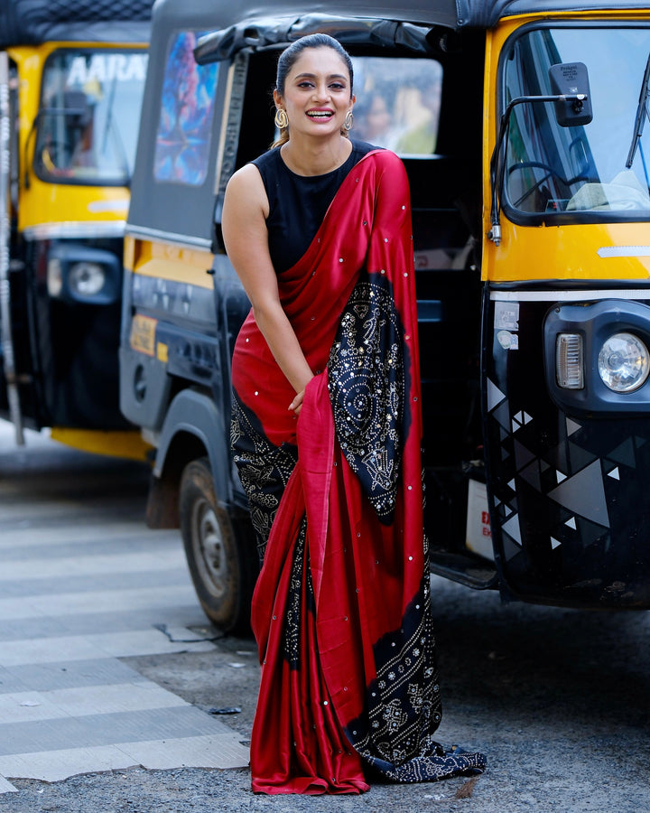 Women’s Ruby Red Pure Modal Silk Saree with Black Folk Art Border &amp; Traditional Tribal Print Designer Pallu