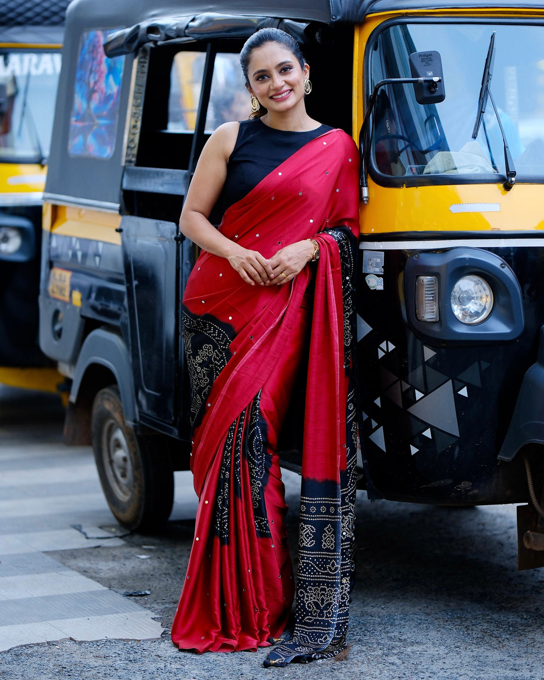 Women’s Ruby Red Pure Modal Silk Saree with Black Folk Art Border &amp; Traditional Tribal Print Designer Pallu