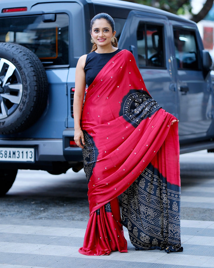 Women’s Ruby Red Pure Modal Silk Saree with Black Folk Art Border &amp; Traditional Tribal Print Designer Pallu