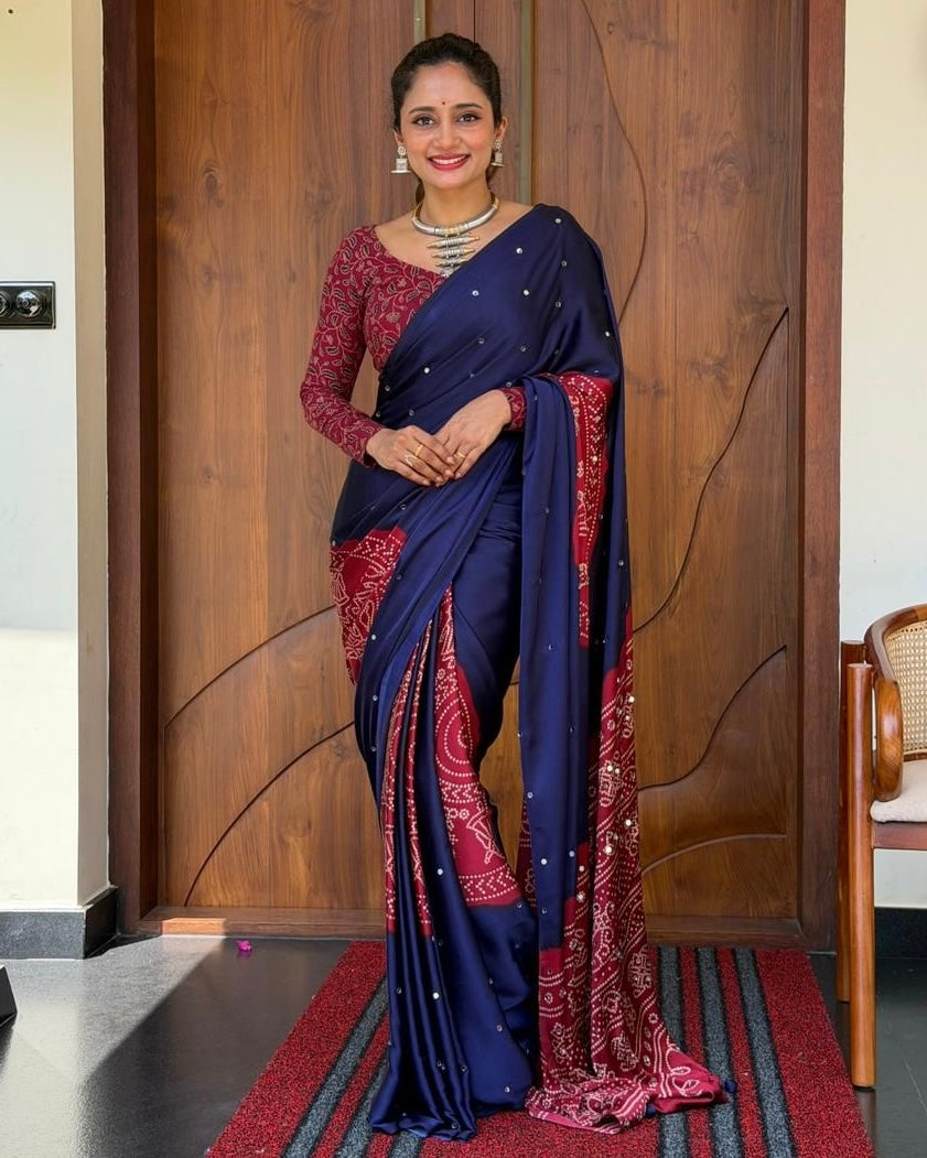 Women’s Royal Navy Blue Pure Modal Silk Saree with Wine Red Folk Art Print &amp; Heritage Designer Pallu