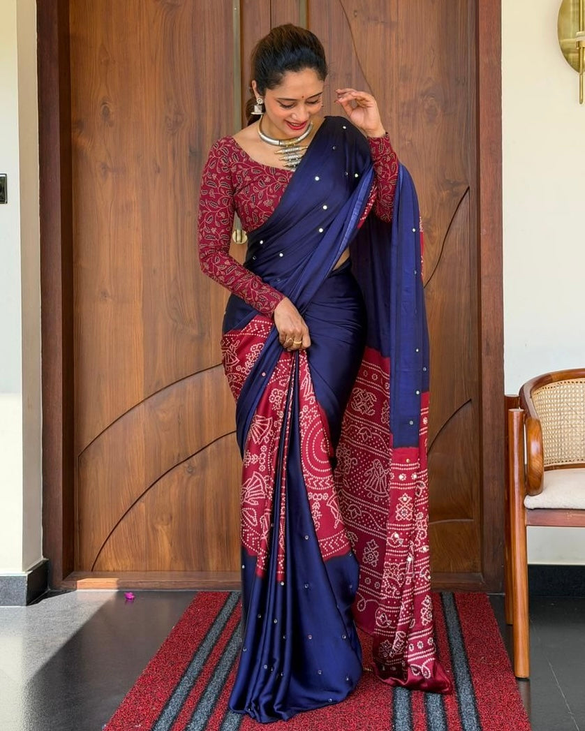 Women’s Royal Navy Blue Pure Modal Silk Saree with Wine Red Folk Art Print &amp; Heritage Designer Pallu