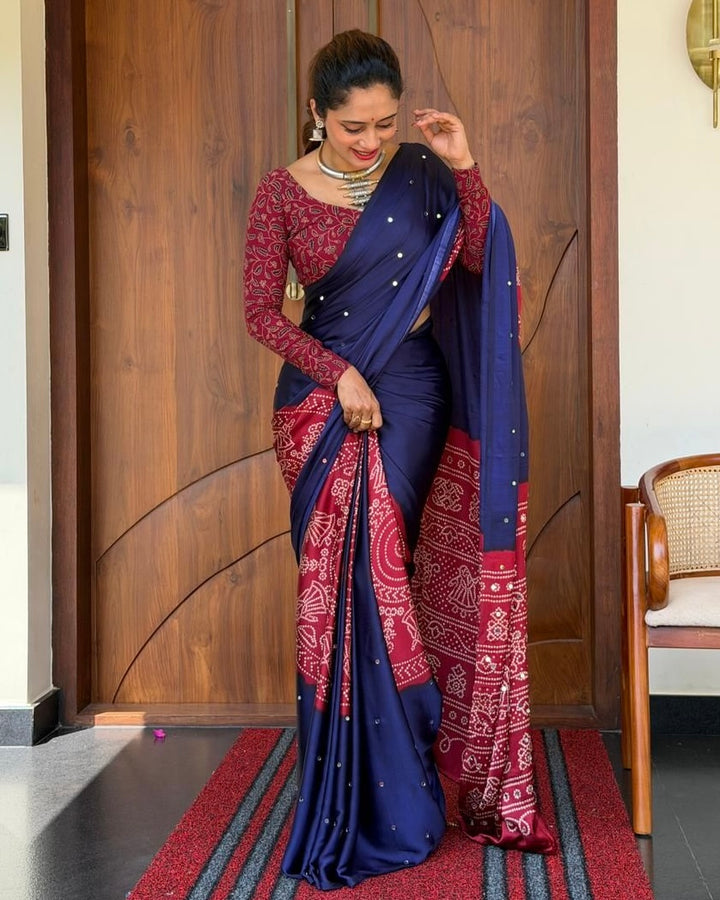 Women’s Royal Navy Blue Pure Modal Silk Saree with Wine Red Folk Art Print &amp; Heritage Designer Pallu