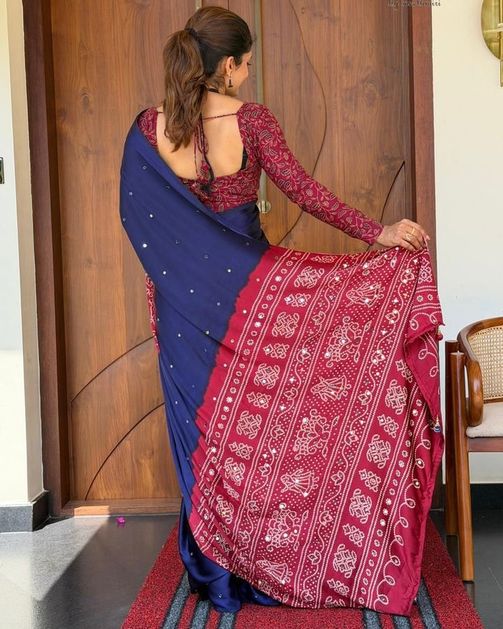 Women’s Royal Navy Blue Pure Modal Silk Saree with Wine Red Folk Art Print &amp; Heritage Designer Pallu