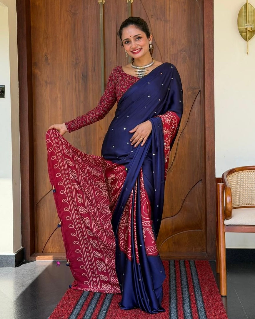 Women’s Royal Navy Blue Pure Modal Silk Saree with Wine Red Folk Art Print &amp; Heritage Designer Pallu
