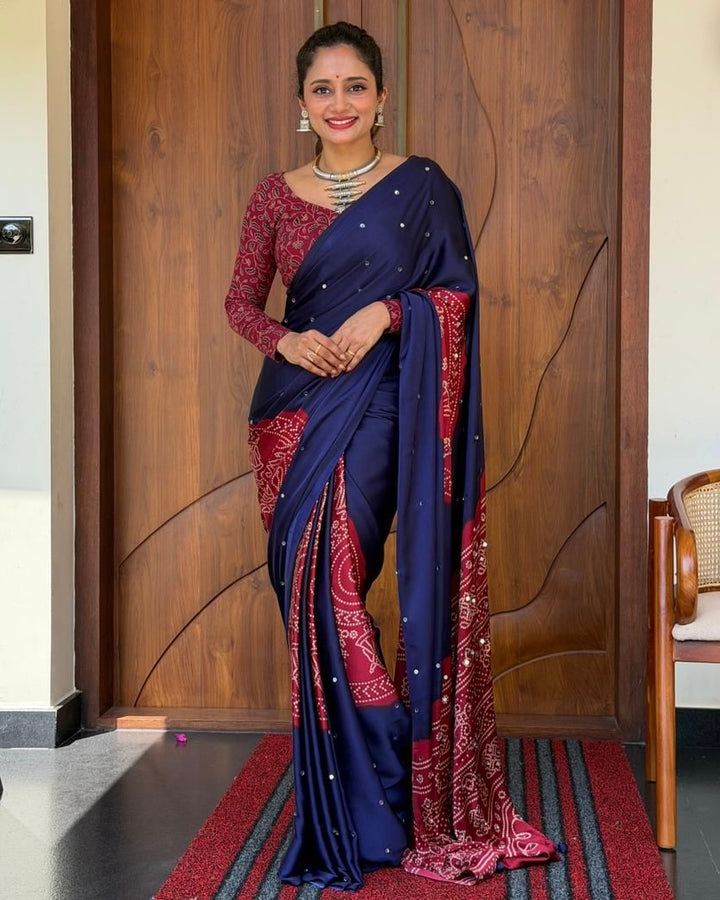 Women’s Royal Navy Blue Pure Modal Silk Saree with Wine Red Folk Art Print &amp; Heritage Designer Pallu