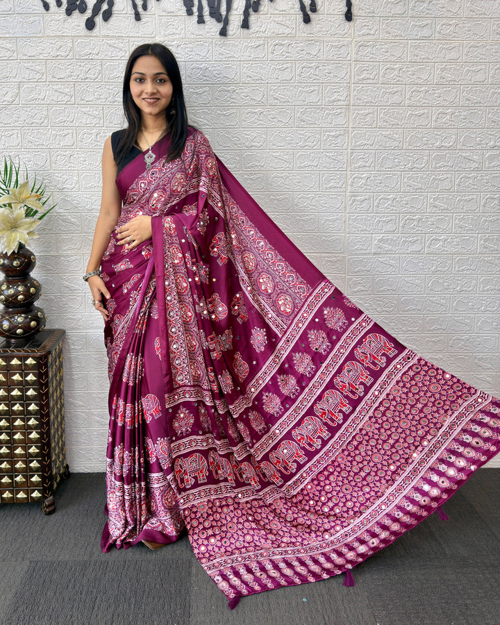 Plum Purple Modal Silk Saree with Elephant Motif Print &amp; Heritage Designer Pallu | Traditional Festive Wear Saree