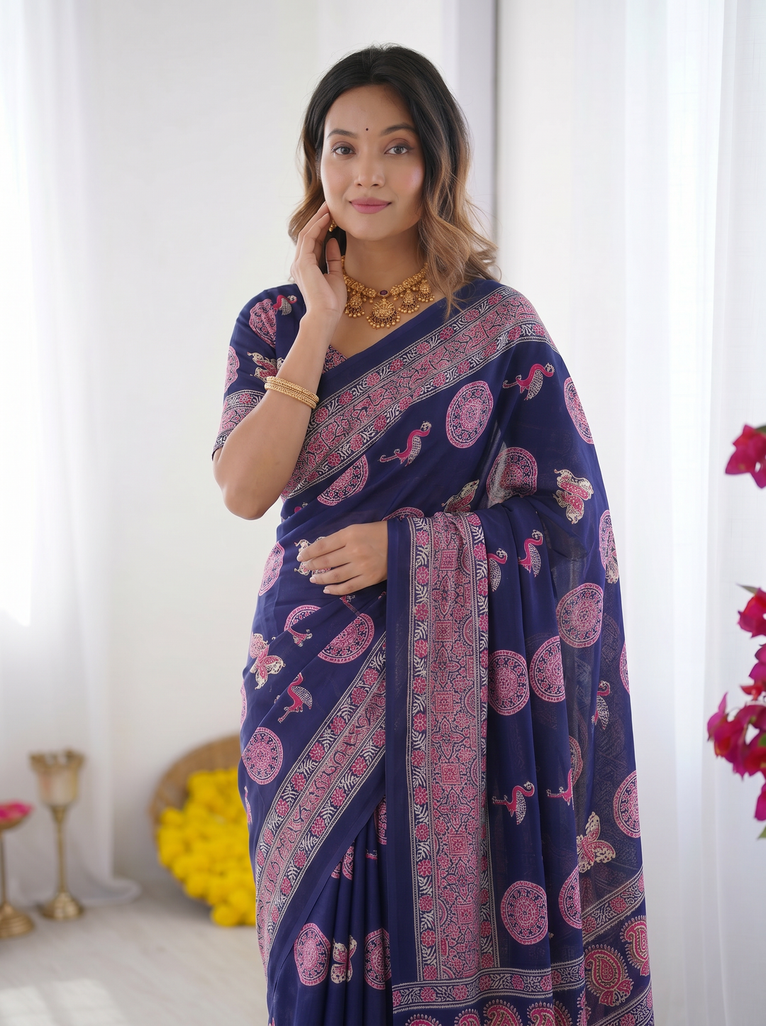 Navy Blue Modal Silk Saree with Paisley &amp; Circular Motif Print | Designer Heritage Pallu Saree for Festive Wear