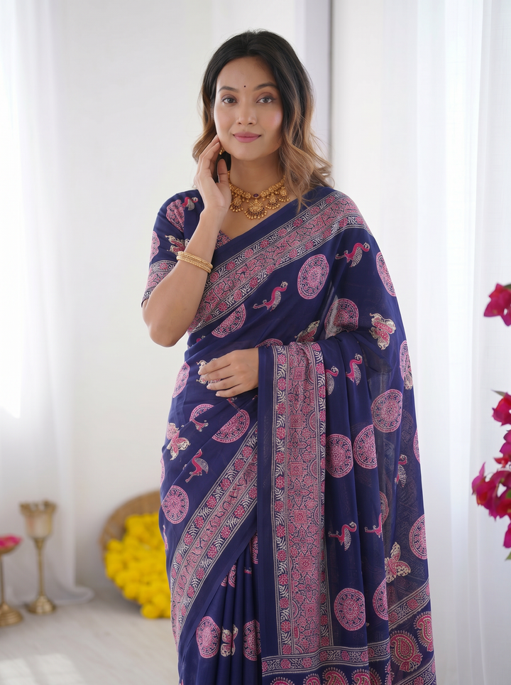Navy Blue Modal Silk Saree with Paisley &amp; Circular Motif Print | Designer Heritage Pallu Saree for Festive Wear