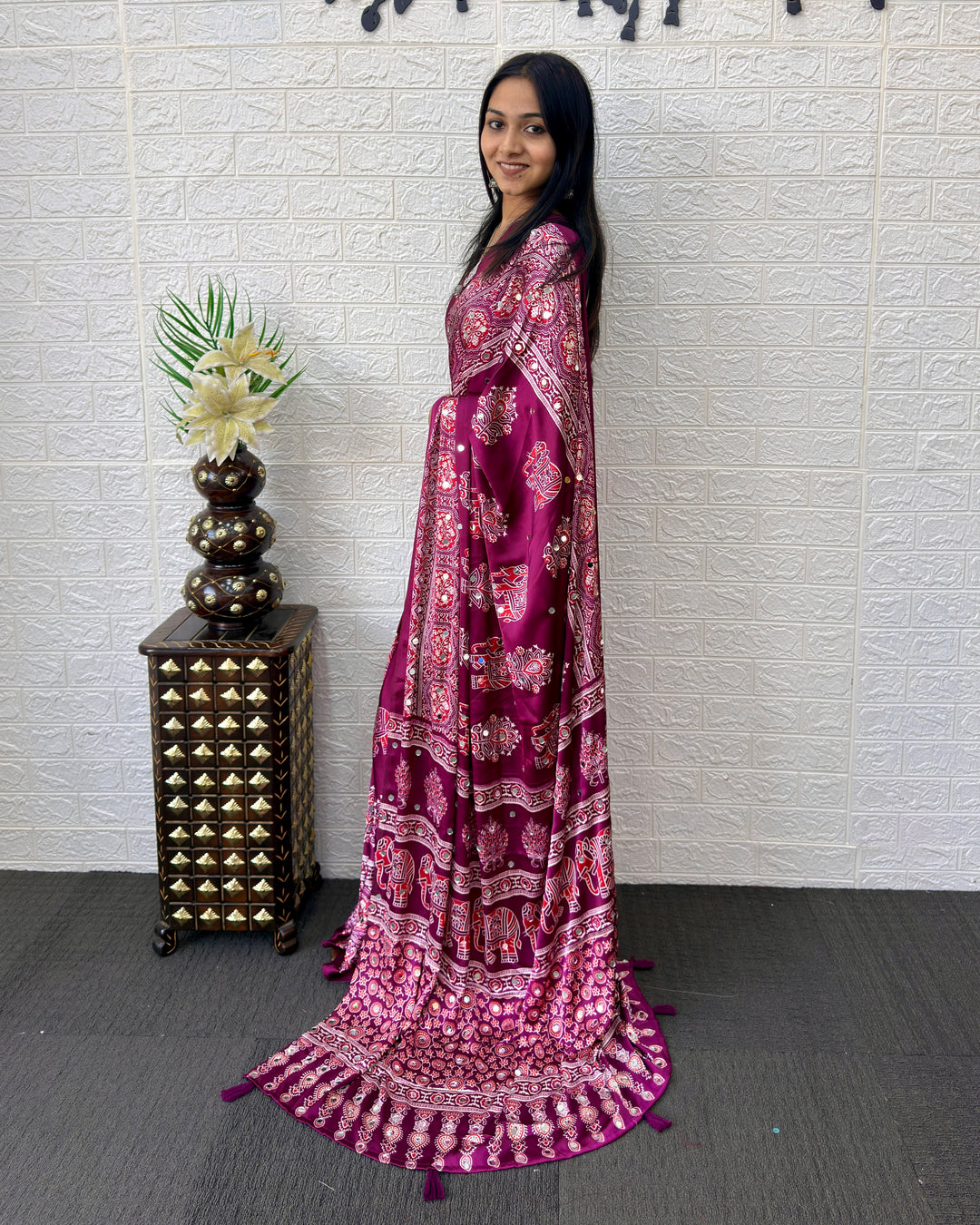 Plum Purple Modal Silk Saree with Elephant Motif Print &amp; Heritage Designer Pallu | Traditional Festive Wear Saree