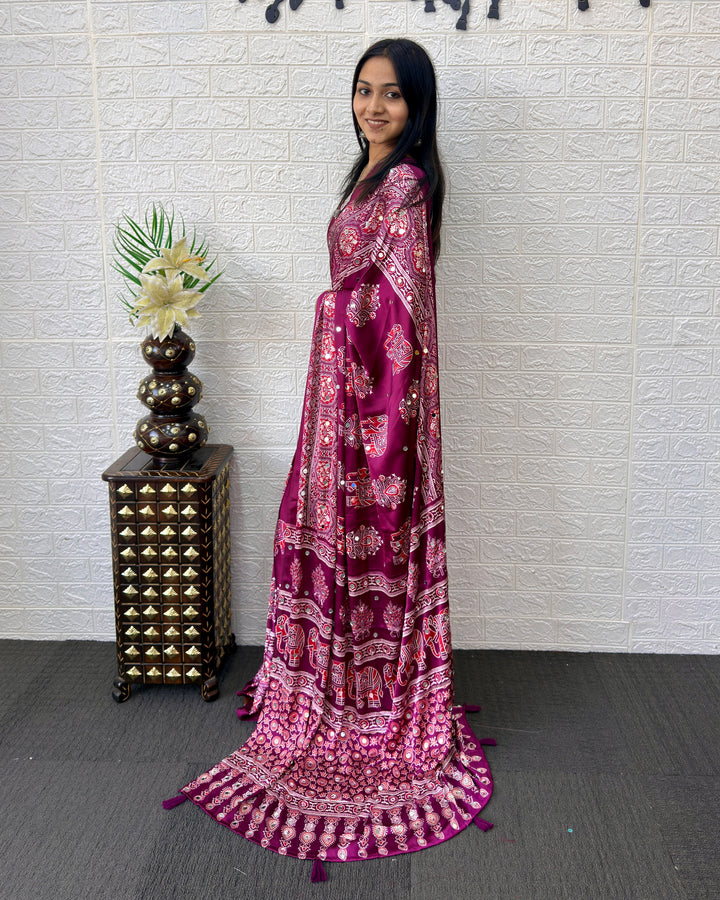 Plum Purple Modal Silk Saree with Elephant Motif Print &amp; Heritage Designer Pallu | Traditional Festive Wear Saree