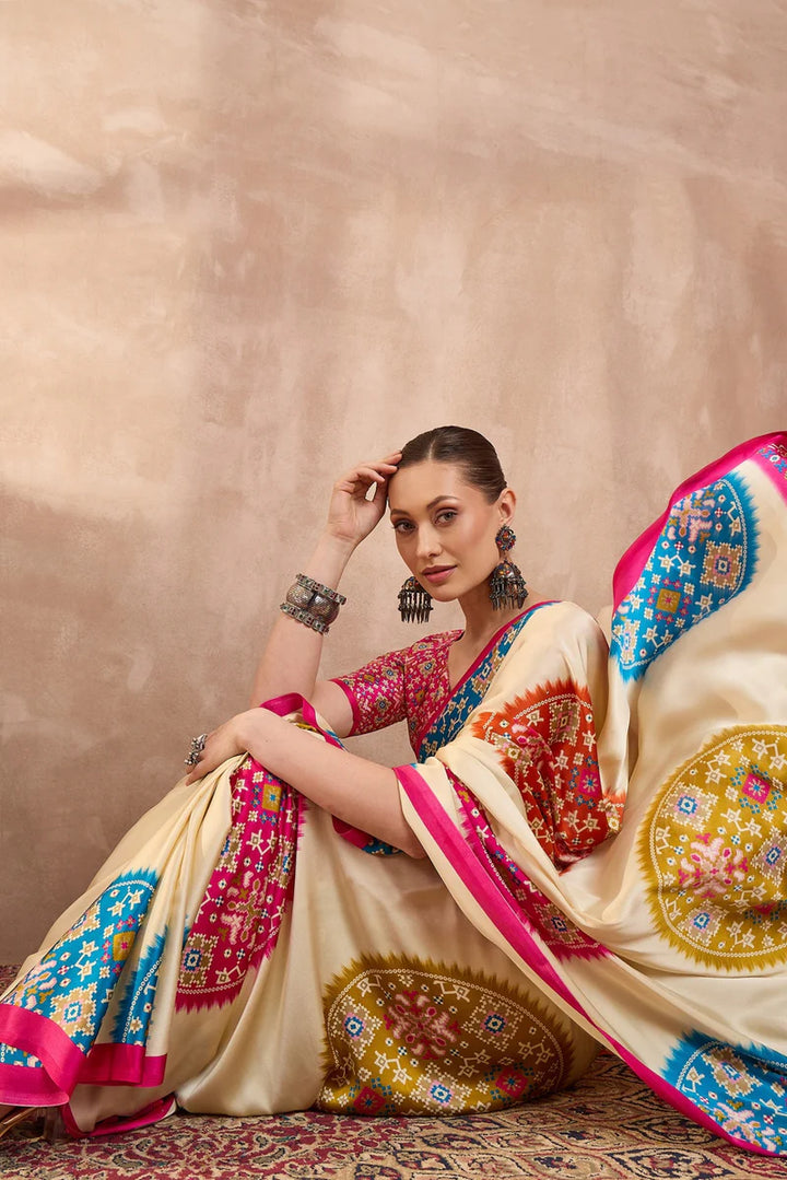 Cream Modal Silk Saree with Multicolor Patola-Inspired Print &amp; Rani Pink Border | Designer Festive Wear Saree