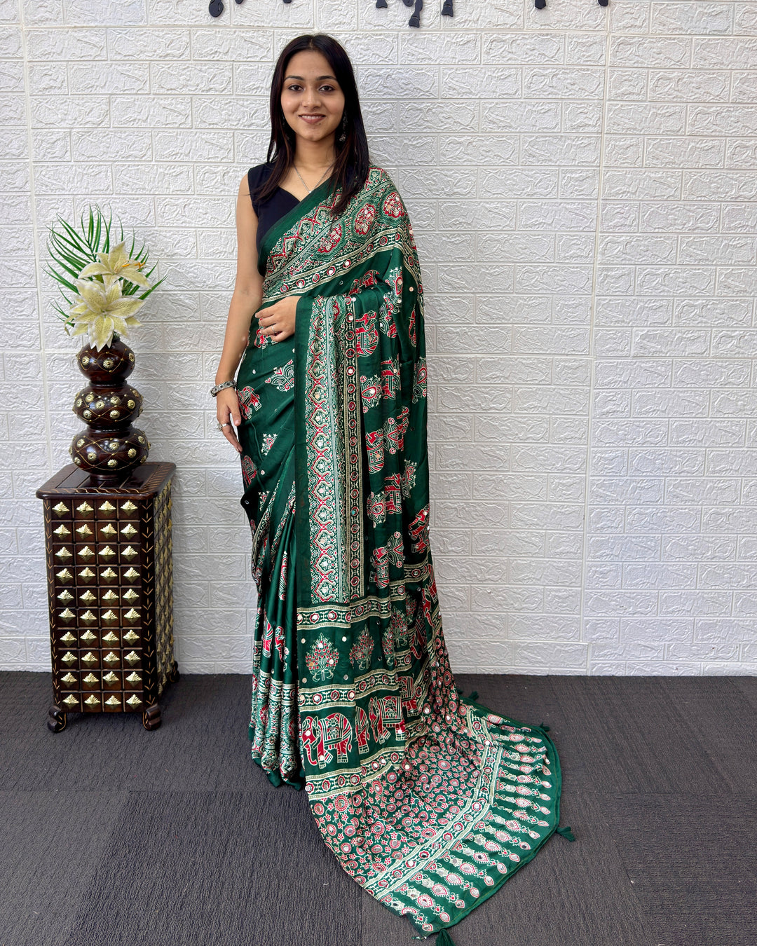 Forest Green Modal Silk Saree with Elephant Motif Ajrakh Print &amp; Designer Heritage Pallu | Traditional Festive Wear Saree