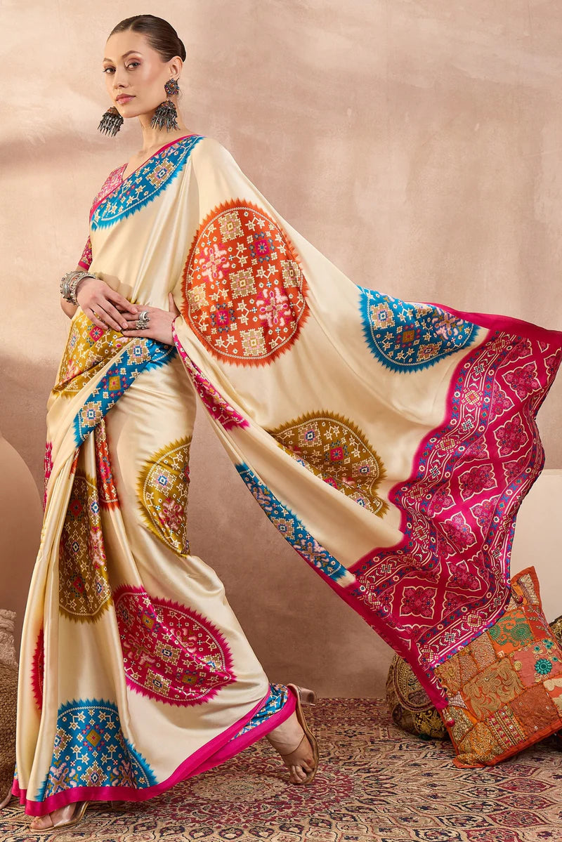 Cream Modal Silk Saree with Multicolor Patola-Inspired Print &amp; Rani Pink Border | Designer Festive Wear Saree