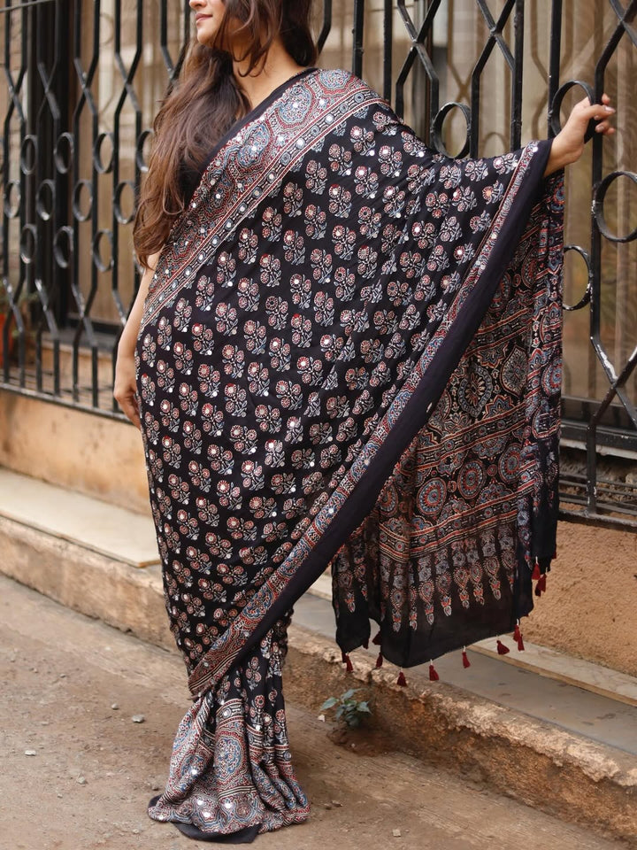 Black Ajrakh Printed Modal Silk Saree with Tassels &amp; Attached Blouse | Traditional Ethnic &amp; Festive Wear Saree