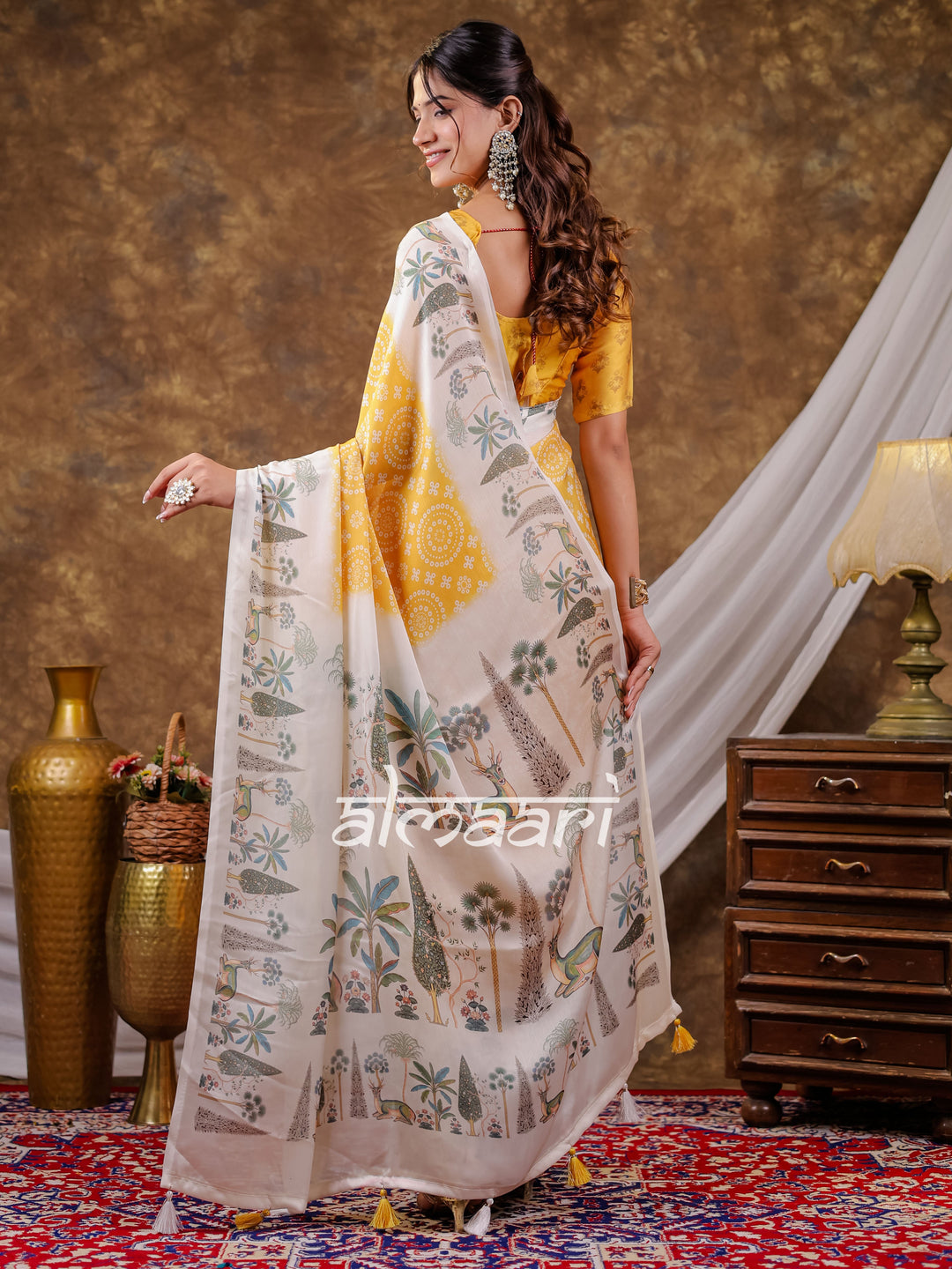 Vantara Mustard Yellow Satin Chiffon Printed Saree with Botanical Nature Print, Designer Tassel Pallu & Matching Blouse Piece